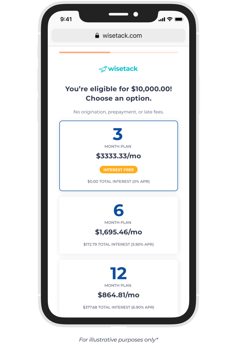 Wisetack financing offer screen showing monthly payment options for a $10,000 project